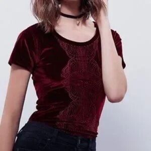 free People Crushed Velvet Deep Merlot Baby Stretch Tee, M, MSRP $89
